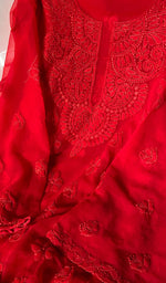 Load image into Gallery viewer, Red Women Lucknowi Handcrafted Faux-Georgette Chikankari Semi - Stitched Suit Material
