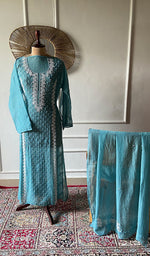 Load image into Gallery viewer, Saziya Women's Lakhnavi Handcrafted Mul Chanderi Semi - stitched Chikankari Full Suit Material - HONC0371115