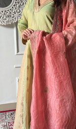 Load image into Gallery viewer, Women's Lakhnavi Handcrafted Tissue Chanderi Silk Chikankari Stitched Anarkali , Dupatta And Pant Set - HONC0340595