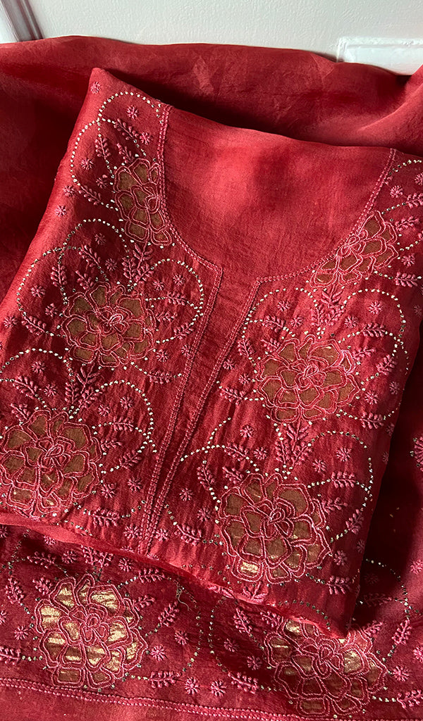 Women's Lakhnavi Handcrafted Pure Organza Chikankari Unstitched Kurta And Dupatta Set- HONC02261147