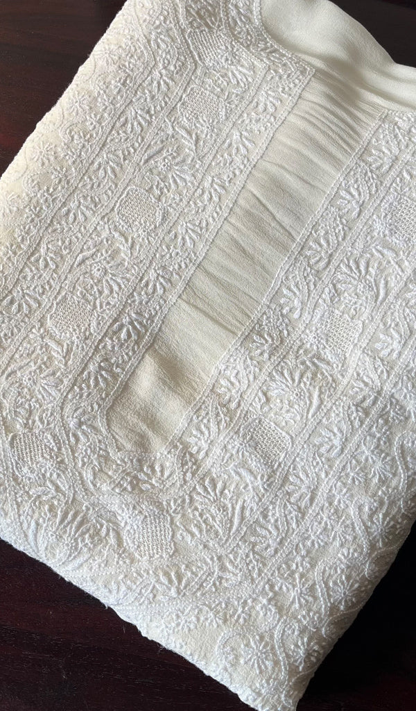 Lucknowi Handcrafted Pure Silk Georgette Chikankari Unstitched Men's Kurta Fabric - HONC026904