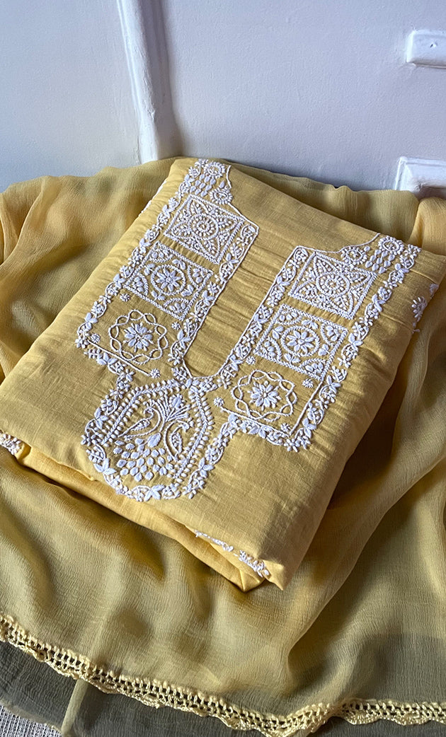 Women's Lakhnavi Handcrafted Unstitched Cotton Chikankari Suit Material - HONC0317001