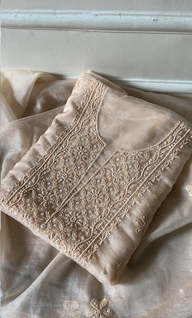 Women's Lakhnavi Handcrafted Organza Chikankari Unstitched Full Suit Material - HONC0271202