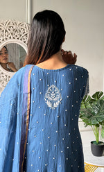 Load image into Gallery viewer, Women's Lakhnavi Handcrafted Mul Chanderi Chikankari Stitched Anarkali, Dupatta And Pant Set - HONC0328257