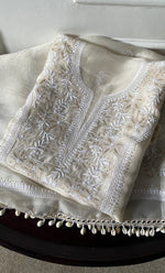 Load image into Gallery viewer, Women's Lakhnavi Handcrafted Pure Organza Chikankari Unstitched Kurta And Dupatta Set- HONC0320499