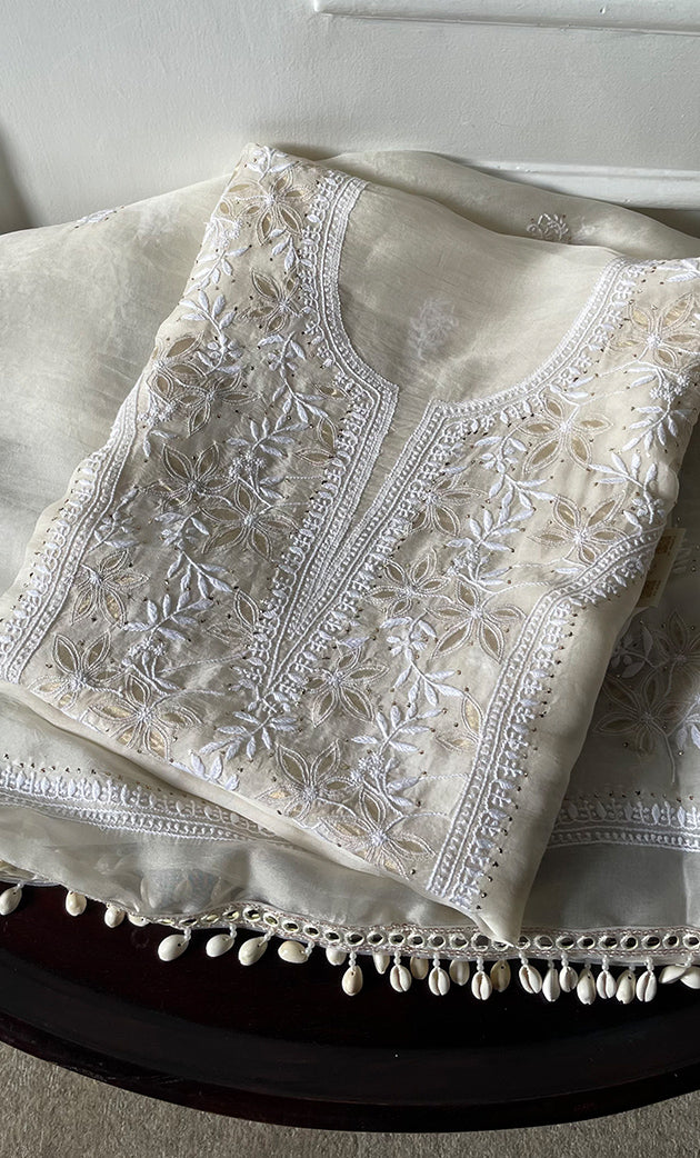 Women's Lakhnavi Handcrafted Pure Organza Chikankari Unstitched Kurta And Dupatta Set- HONC0320499