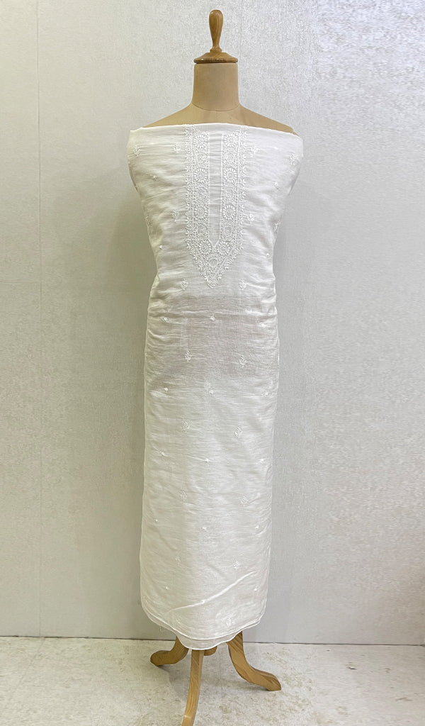 Lucknowi Handcrafted White Cotton Chikankari Unstitched Men's Kurta Fabric - HONC0146625