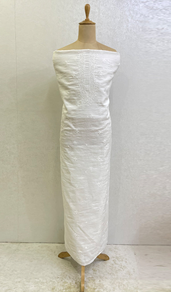 Lucknowi Handcrafted White Cotton Chikankari Unstitched Men's Kurta Fabric - HONC0146627