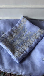 Load image into Gallery viewer, Women's Lakhnavi Handcrafted Pure Organza Chikankari Unstitched Kurta And Dupatta Set- HONC0342727