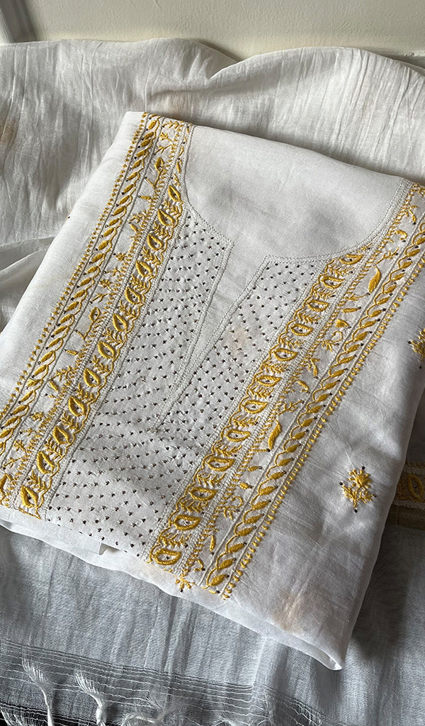 Women's Lakhnavi Handcrafted Mul Chanderi Unstitched Kurta And Dupatta Set - HONC020966