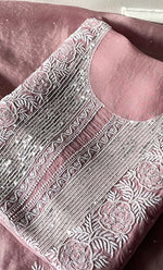 Load image into Gallery viewer, Rose Women's Lakhnavi Handcrafted Pure Organza Chikankari Unstitched Kurta And Dupatta Set- HONC0292518