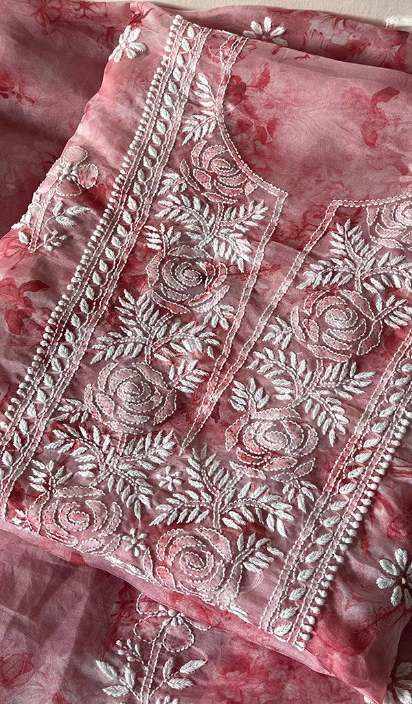 Women's Lakhnavi Handcrafted Organza Chikankari Unstitched Kurta And Dupatta Set - HONC0268883