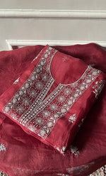 将图像加载到图库查看器中, Women's Lakhnavi Handcrafted Pure Organza Chikankari Unstitched Kurta And Dupatta Set- HONC0288594