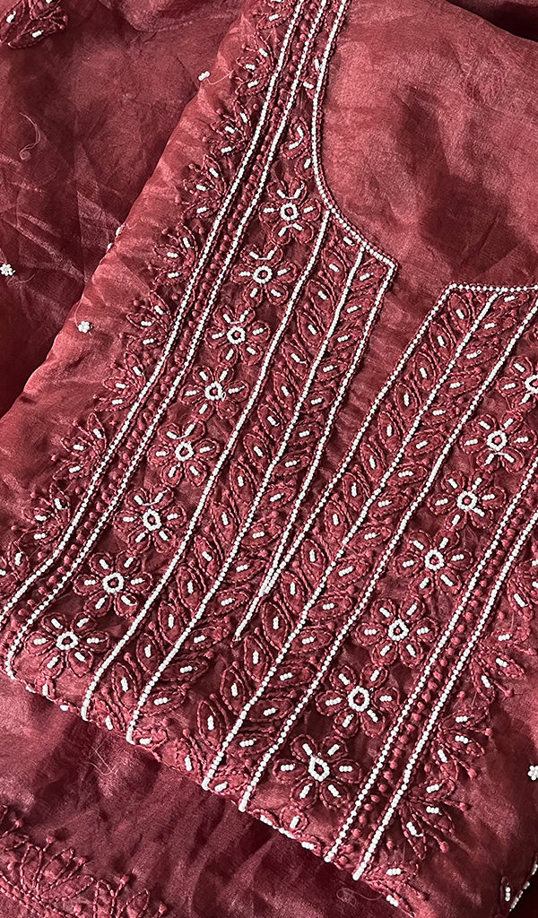 Women's Lakhnavi Handcrafted Organza Chikankari Unstitched Full Suit Material - HONC0271224