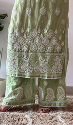 Load image into Gallery viewer, Women's Lucknowi Handcrafted Mul Chanderi Stitched Chikankari Kurta And Plazzo Set- HONC0378791