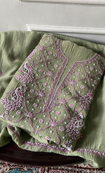 Load image into Gallery viewer, Women's Lakhnavi Handcrafted Mul Chanderi Unstitched Chikankari Full Suit Material - HONC0339572