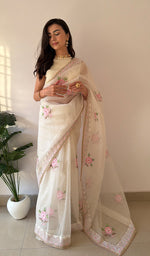 Load image into Gallery viewer, Zunaira Women's Lucknowi Handcrafted Pure Organza Silk Chikankari Saree - HONC0379177