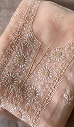 将图像加载到图库查看器中, Mainaaj Women's Lakhnavi Handcrafted Pure Organza Chikankari Unstitched Kurta And Dupatta Set- HONC0311251
