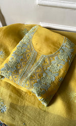 Load image into Gallery viewer, Women's Lakhnavi Handcrafted Pure Organza Chikankari Unstitched Kurta And Dupatta Set- HONC0318668