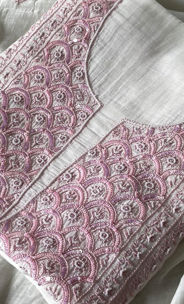 Women's Lakhnavi Handcrafted Tissue Chanderi Unstitched Chikankari Kurta And Dupatta Set - HONC0328101