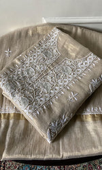 Load image into Gallery viewer, Women's Lakhnavi Handcrafted Tissue Chanderi Unstitched Chikankari Kurta And Dupatta Set - HONC0339370