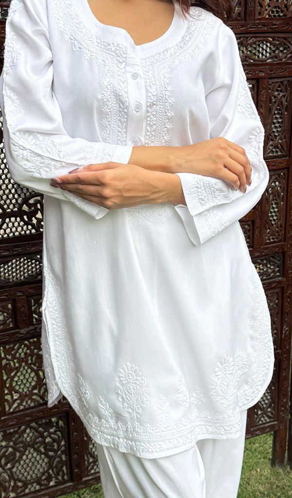 Women's Lakhnavi Handcrafted Modal Cotton Chikankari Top And Pant Set  - HONC0267544