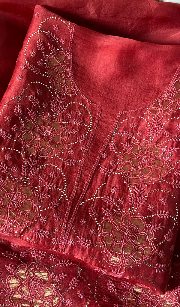 Women's Lakhnavi Handcrafted Pure Organza Chikankari Unstitched Kurta And Dupatta Set- HONC02261147