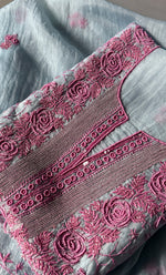 Load image into Gallery viewer, Rose Women's Lakhnavi Handcrafted Pure Organza Chikankari Unstitched Kurta And Dupatta Set- HONC0274530