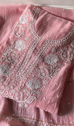Load image into Gallery viewer, Basma Women's Lucknowi Handcrafted Mul Chanderi Semi - stitched Chikankari Anarkali Full Set - HONC0355635