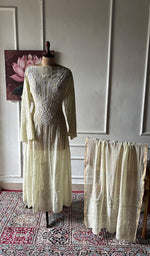 Load image into Gallery viewer, Women's Lucknowi Handcrafted Mul Chanderi Semi - stitched Chikankari Anarkali Full Set - HONC0355631