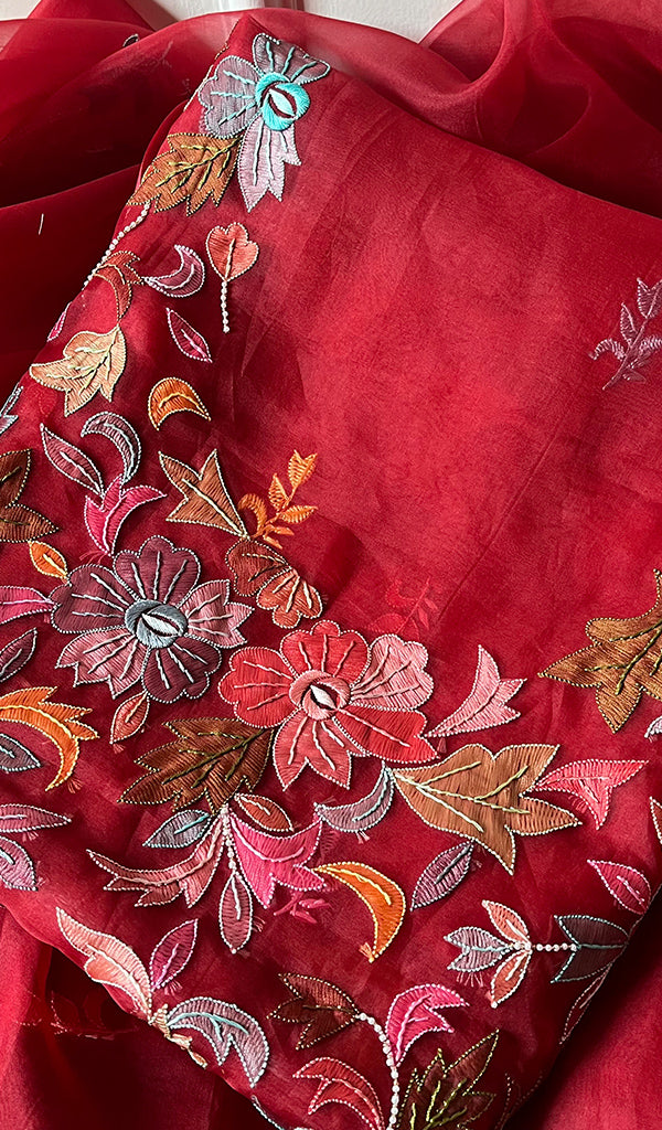 Women's Lakhnavi Handcrafted Pure Organza Chikankari Unstitched Kurta And Dupatta Set- HONC0267236