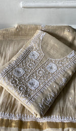 Load image into Gallery viewer, Women's Lakhnavi Handcrafted Tissue Chanderi Unstitched Chikankari Kurta And Dupatta Set - HONC0347896
