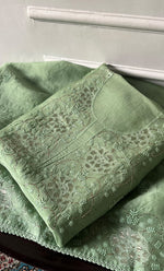 将图像加载到图库查看器中, Mainaaj Women's Lakhnavi Handcrafted Pure Organza Chikankari Unstitched Kurta And Dupatta Set - HONC0330934
