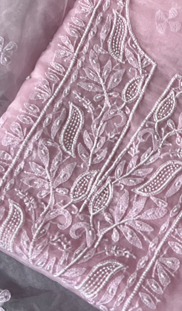 Women's Lakhnavi Handcrafted Organza Chikankari Unstitched Full Suit Material - HONC0271208