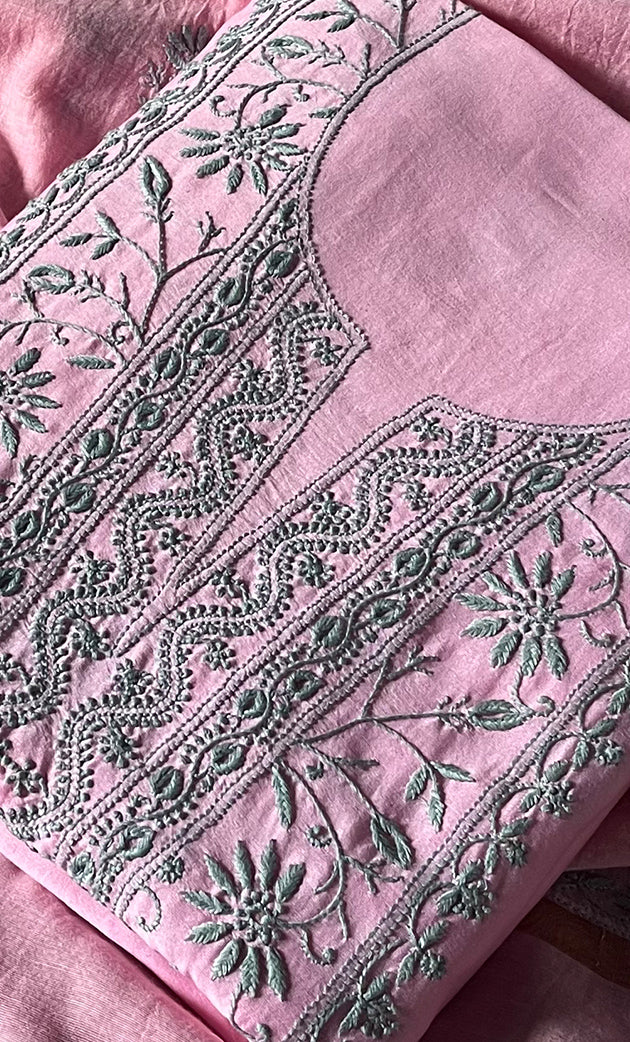 Women's Lakhnavi Handcrafted Mul Chanderi Unstitched Chikankari Full Suit Material - HONC0345034 main image 0