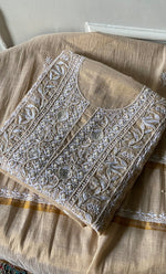 Load image into Gallery viewer, Women's Lakhnavi Handcrafted Tissue Chanderi Unstitched Chikankari Kurta And Dupatta Set - HONC0339374