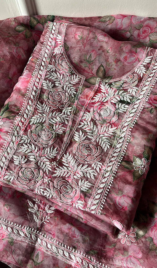 Women's Lakhnavi Handcrafted Organza Chikankari Unstitched Kurta And Dupatta Set - HONC0268887