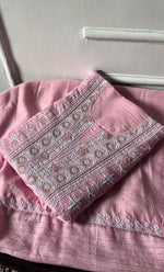 Load image into Gallery viewer, Women's Lakhnavi Handcrafted Unstitched Munga Silk Chikankari Kurta And Dupatta Set- HONC0274526