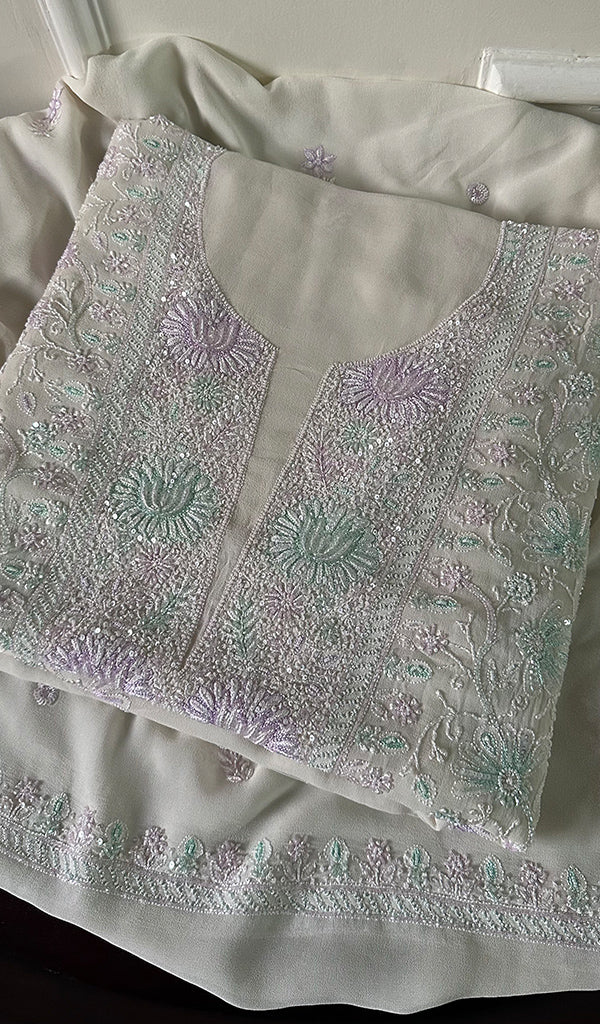 Women's Lakhnavi Handcrafted Pure Silk Georgette Chikankari Kurta And Dupatta Set- HONC0241831
