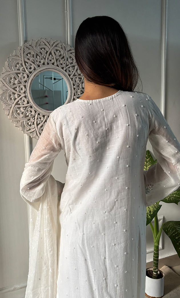 Women's Lakhnavi Handcrafted Mul Chanderi Chikankari Stitched Kurta, Dupatta And Pant Set - HONC0300859