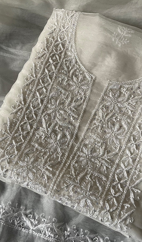 Women's Lakhnavi Handcrafted Organza Chikankari Unstitched Kurta And Dupatta Set- HONC0249868