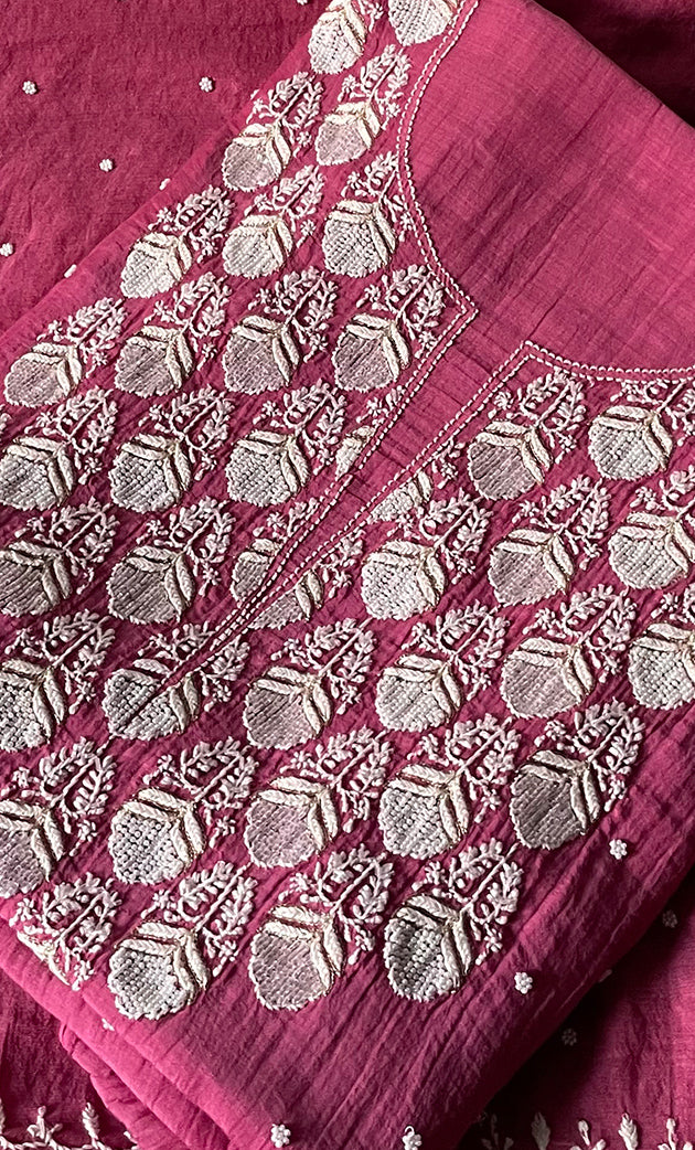 Women's Lakhnavi Handcrafted Mul Chanderi Unstitched Chikankari Full Suit Material - HONC0319532