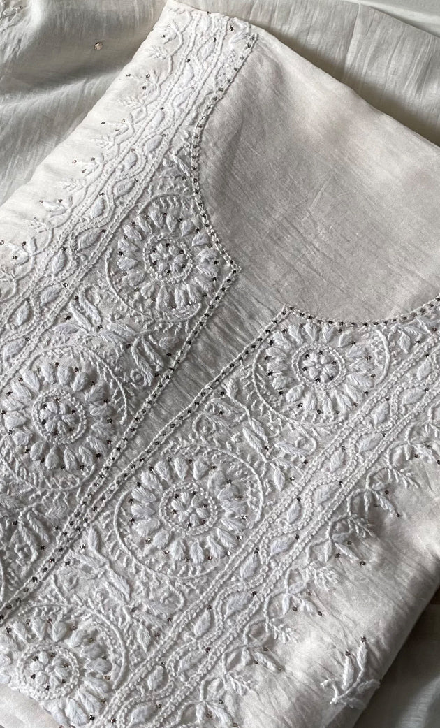 Women's Lucknowi Handcrafted Chanderi Silk Chikankari Kurta Dupatta Set - HONC0267143