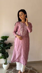 Load image into Gallery viewer, Women's Lucknowi Handcrafted Chanderi Silk Chikankari Kurti - HONC0357074