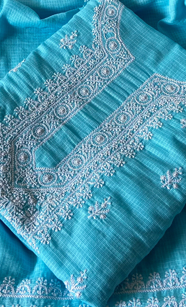 Women's Lucknowi Handcrafted Kota Cotton Chikankari Unstitched Kurta And Dupatta Set - HONC0305978