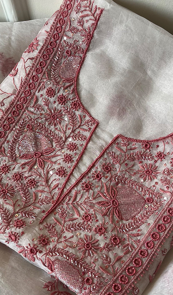 Women's Lakhnavi Handcrafted Pure Organza Chikankari Unstitched Kurta And Dupatta Set- HONC0271903