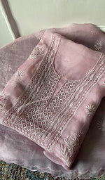 Load image into Gallery viewer, Women's Lakhnavi Handcrafted Pure Organza Chikankari Unstitched Kurta And Dupatta Set- HONC0329217