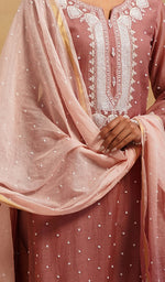 Load image into Gallery viewer, Jazba Women's Lakhnavi Handcrafted Mul Chanderi Chikankari Stitched Kurta, Dupatta And Pant Set - HONC0565945