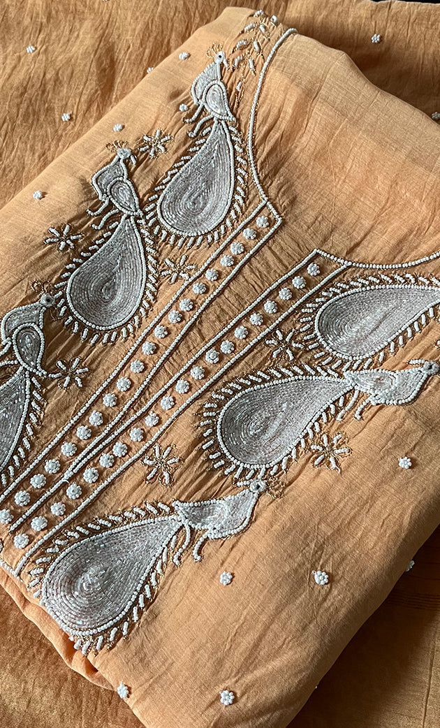 Women's Lakhnavi Handcrafted Mul Chanderi Unstitched Chikankari Full Suit Material - HONC0345034 main image 1