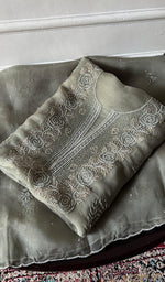 Load image into Gallery viewer, Women's Lakhnavi Handcrafted Pure Organza Chikankari Unstitched Kurta And Dupatta Set- HONC0342712